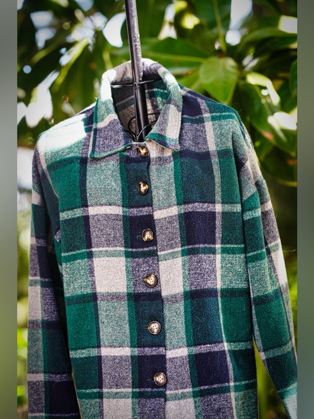 Green & Navy Plaid Flannel Shacket - Oversized Button Down - Picture 6 of 7
